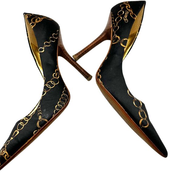 Guess by Marciano Fabric Pointed Toe Leather Sole Gold Chain Pumps - Women 8 - Picture 3 of 9